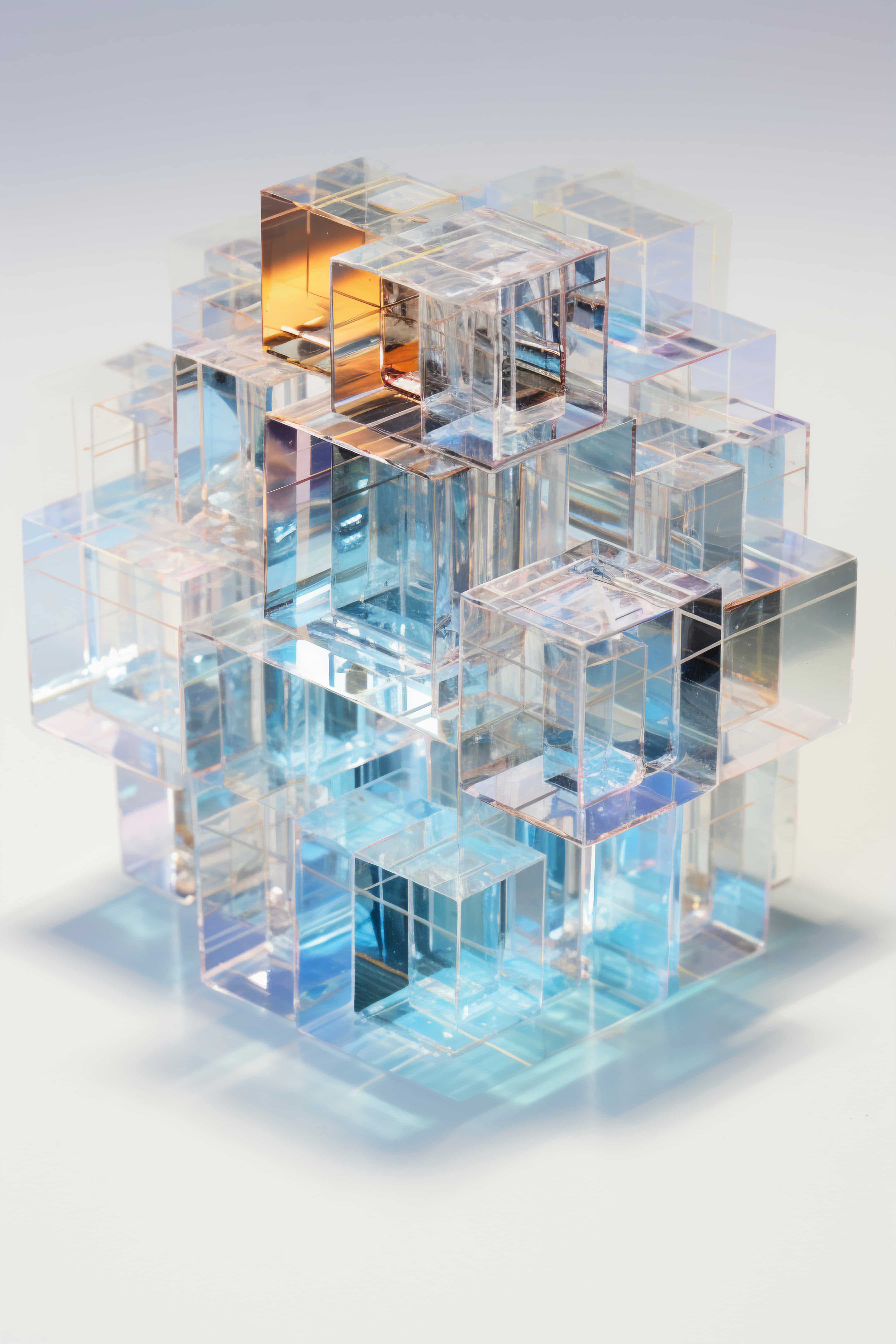 An abstract architectural composition of interconnected glass and amber cubes, representing the foundational structure of clinical AI development